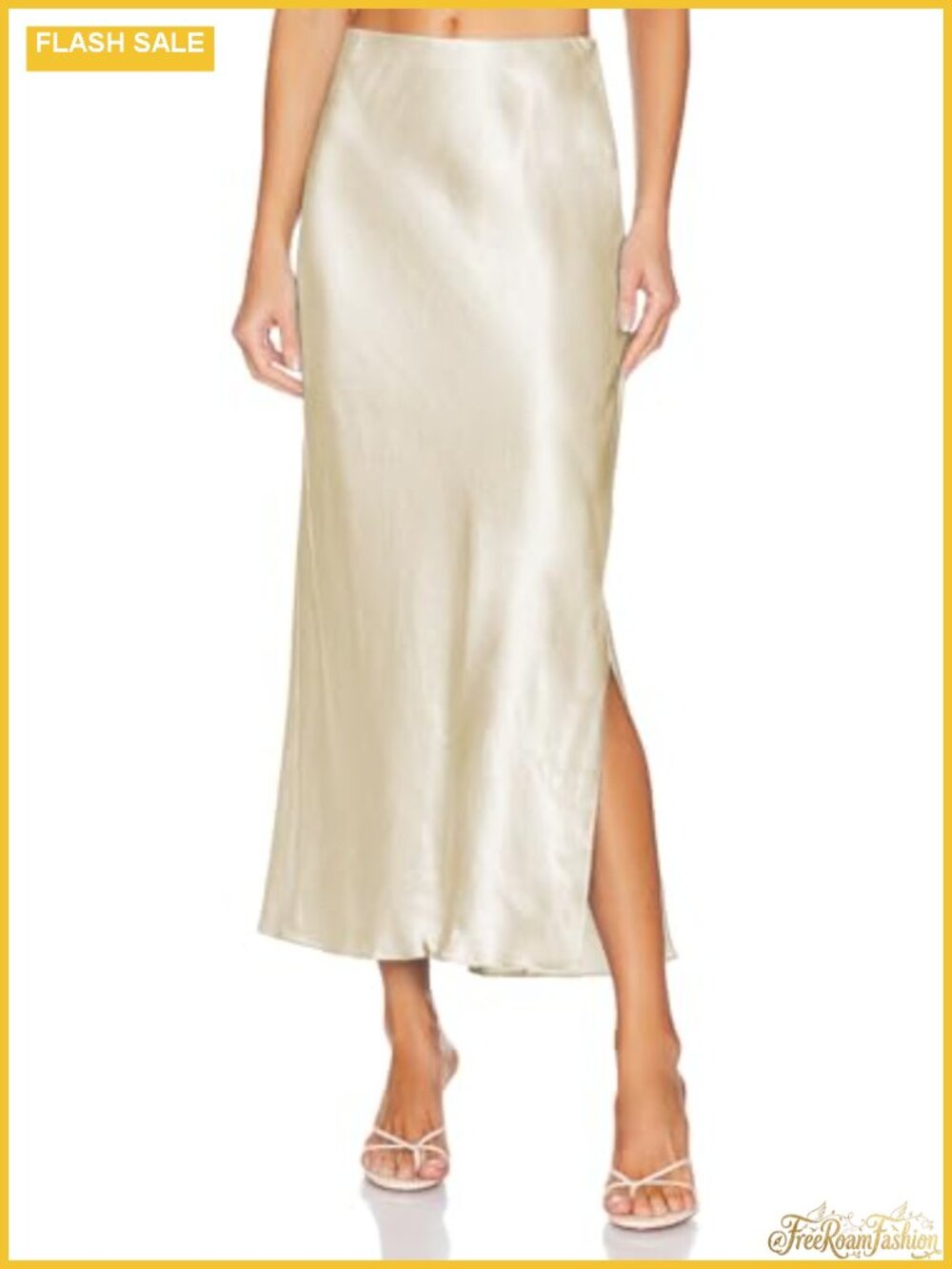 Womens Satin Maxi Skirt with Slit, Elastic Waistband, High Side Split, Flowy